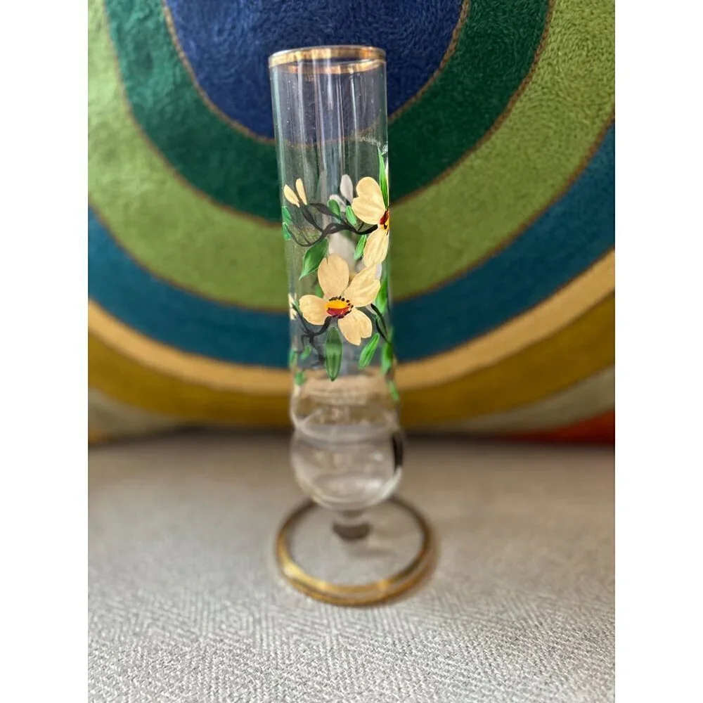 Vintage Hand-painted Pedestal GLASS VASE Painted Flowers Floral Gold Rim 8.25